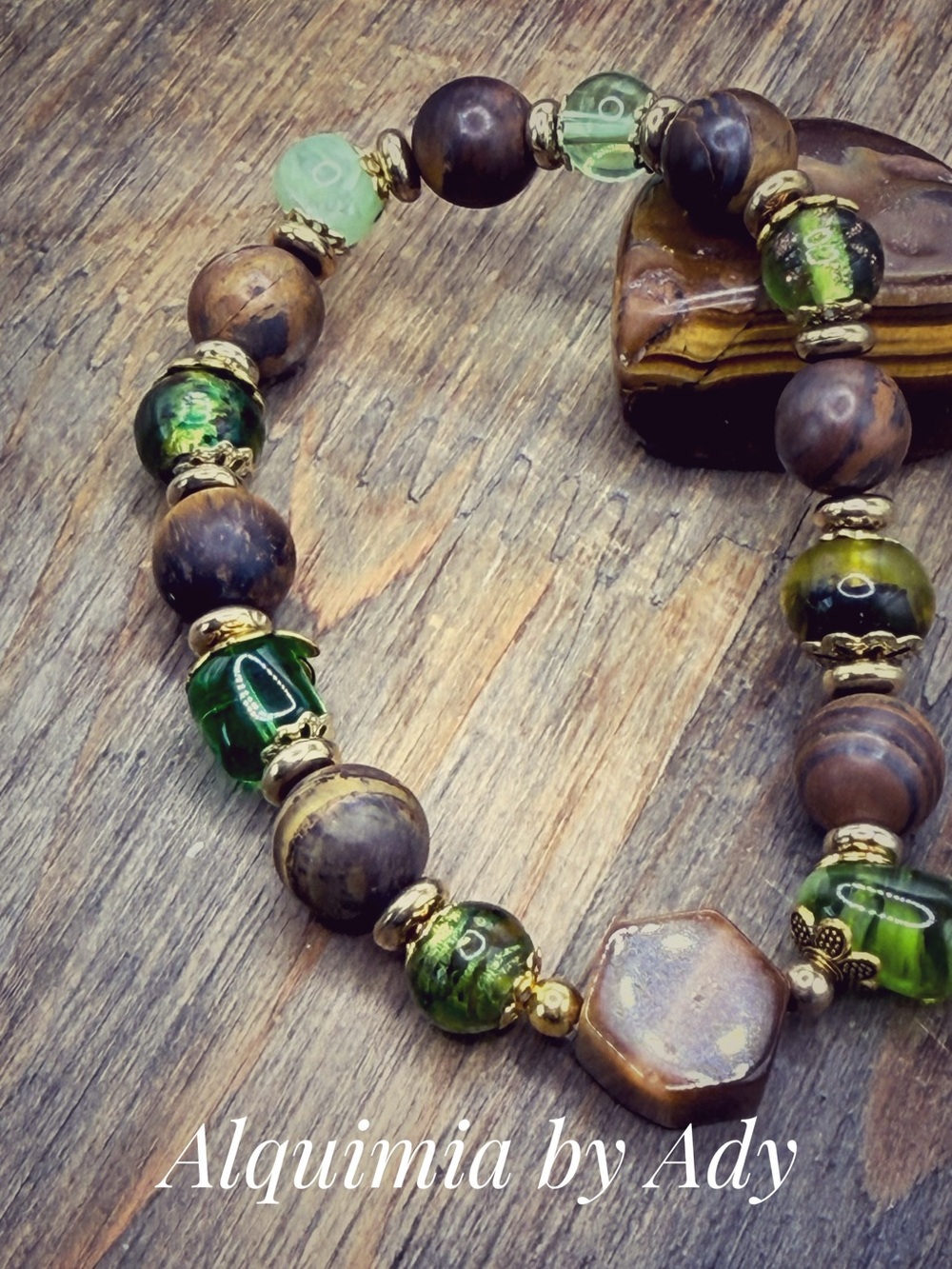 Tiger eye Green, Brown & Gold Beaded Bracelet + hexagon